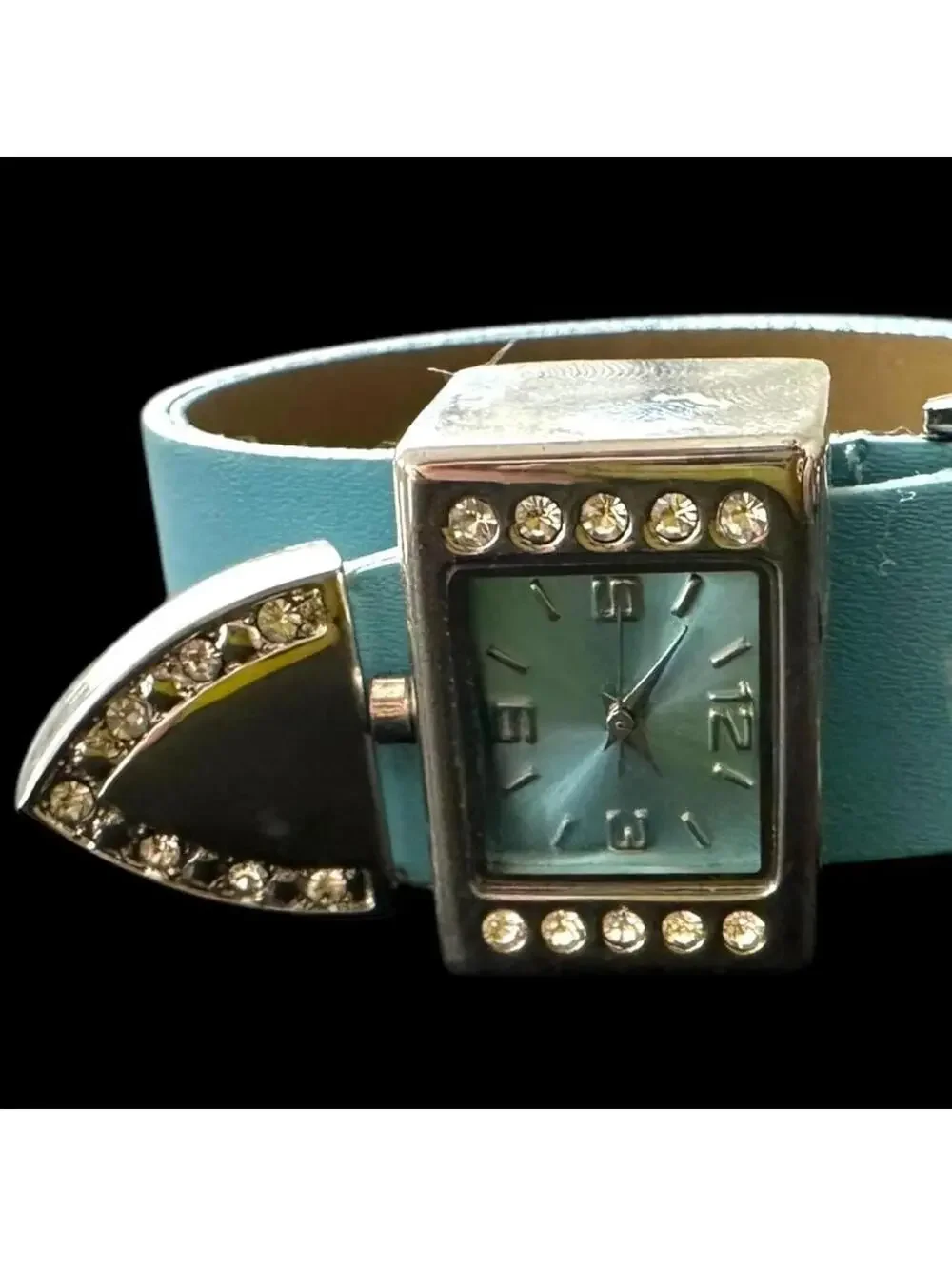 Vintage Blue Faux Leather Rhinestone Accent Watch